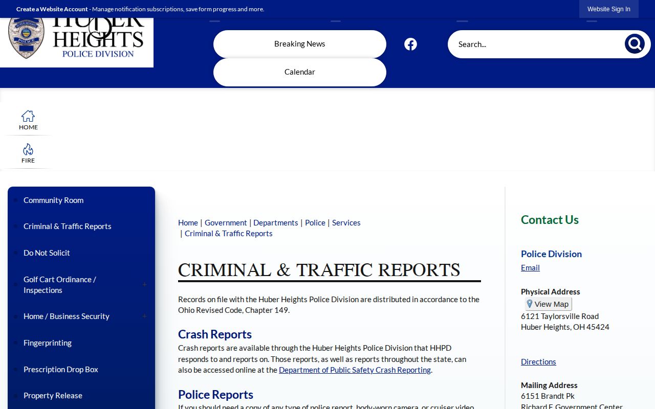 Huber Heights Montgomery County police arrest records request page